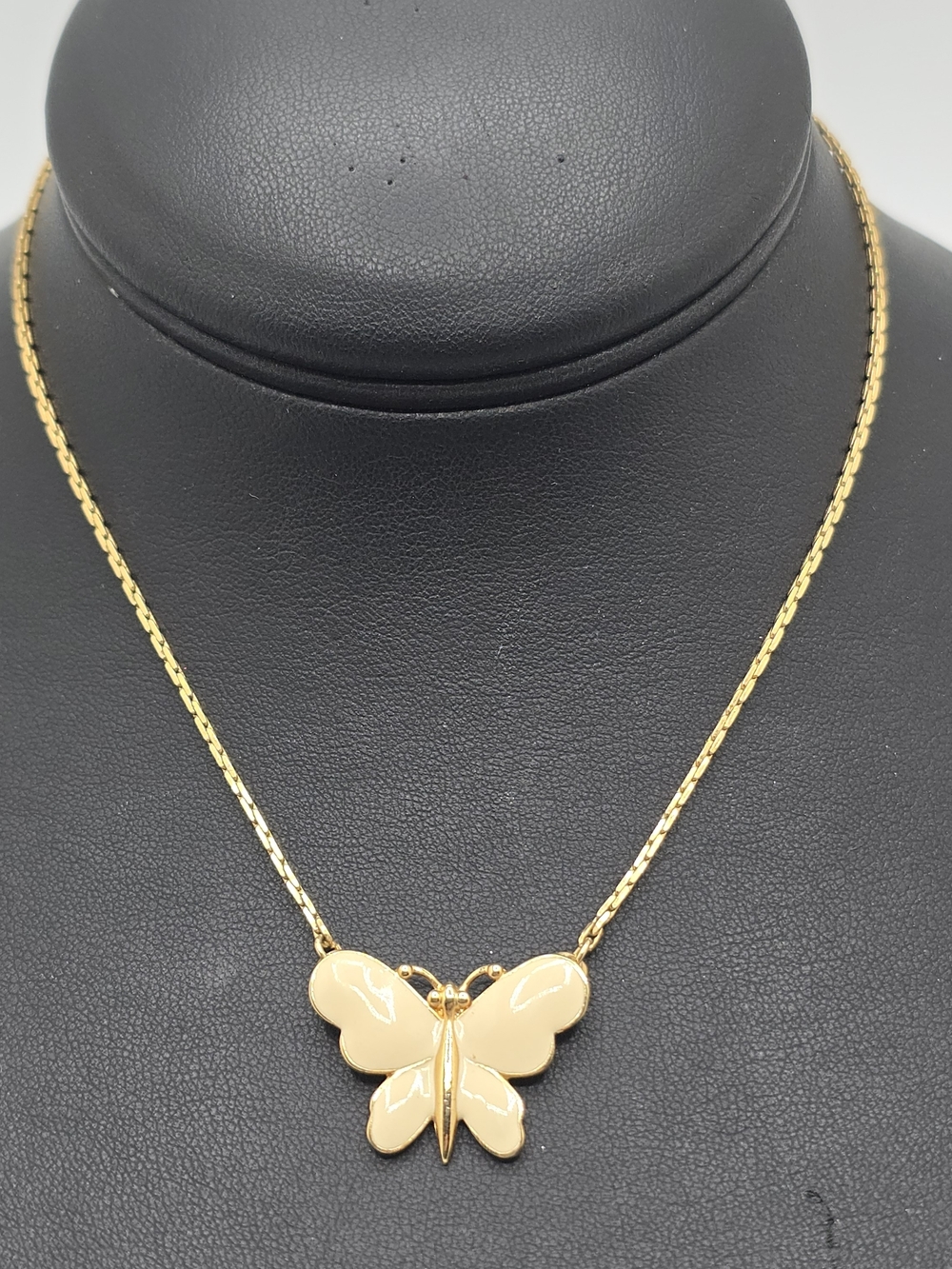 Vintage Monet Butterfly Necklace Cream Enamel Gold Tone 12.5" Choker